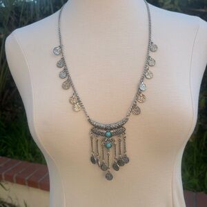 Silver Coin Necklace with Turquoise Accent